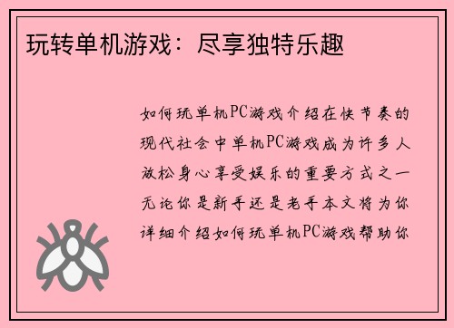 玩转单机游戏：尽享独特乐趣